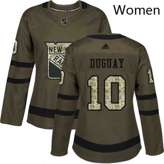 Womens Adidas New York Rangers 10 Ron Duguay Authentic Green Salute to Service NHL Jersey